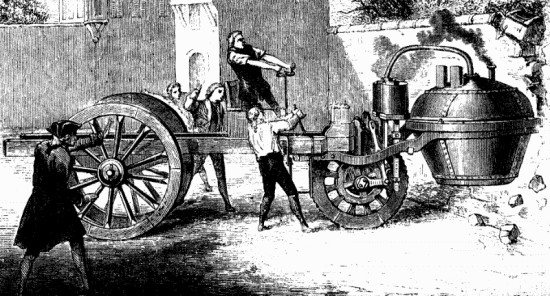 První "Fardier à vapeur" (parní vůz) N. J. Cugnota a zároveň i první silniční nehoda "motorového vozidla".